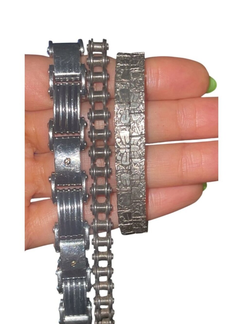 Lot of 3 Men's Industrial Metal Bracelets Motorcycle Chain Link Silver Tone